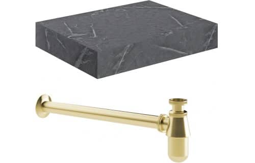 Ashima 600mm Wall Hung Grey Marble Basin Shelf & Brushed Brass Bottle Trap