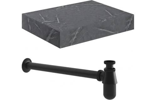 Ashima 600mm Wall Hung Grey Marble Basin Shelf & Black Bottle Trap