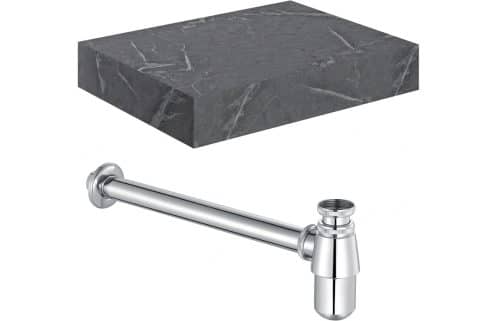 Ashima 600mm Wall Hung Grey Marble Basin Shelf & Chrome Bottle Trap