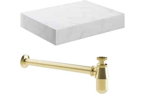 Ashima 600mm Wall Hung White Marble Basin Shelf & Brushed Brass Bottle Trap