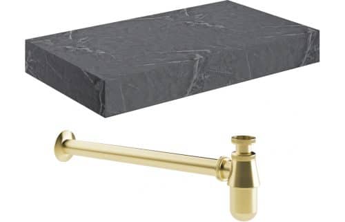 Ashima 800mm Wall Hung Grey Marble Basin Shelf & Brushed Brass Bottle Trap
