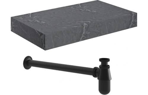 Ashima 800mm Wall Hung Grey Marble Basin Shelf & Black Bottle Trap