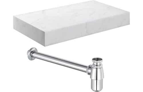 Ashima 800mm Wall Hung White Marble Basin Shelf & Chrome Bottle Trap