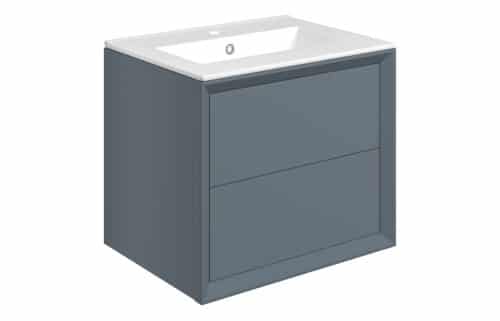 Wave 610mm Wall Hung 2 Drawer Basin Unit & 1TH Thin Edge Basin - Matt Storm Blue