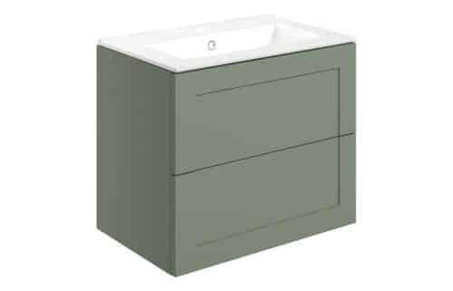 White Cliffs 615mm Wall Hung 2 Drawer Basin Unit & Basin - Matt Reed Green