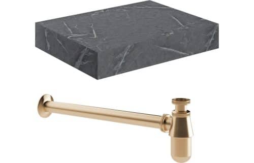 Ashima 600mm Wall Hung Grey Marble Basin Shelf & Brushed Bronze Bottle Trap