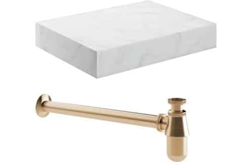 Ashima 600mm Wall Hung White Marble Basin Shelf & Brushed Bronze Bottle Trap